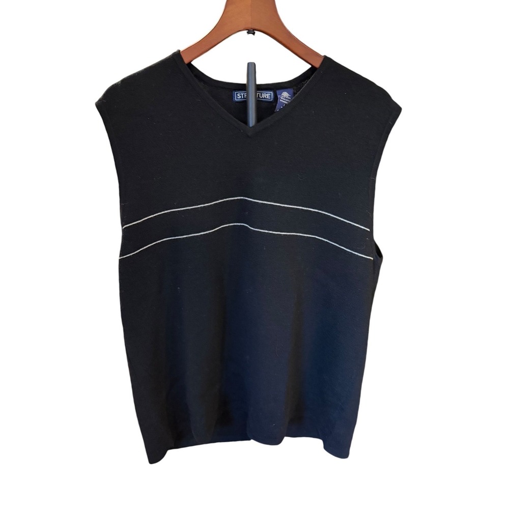 Vtg 90s Structure Men Black Wool V-Neck Striped Sweater Vest Streetwear Skater L